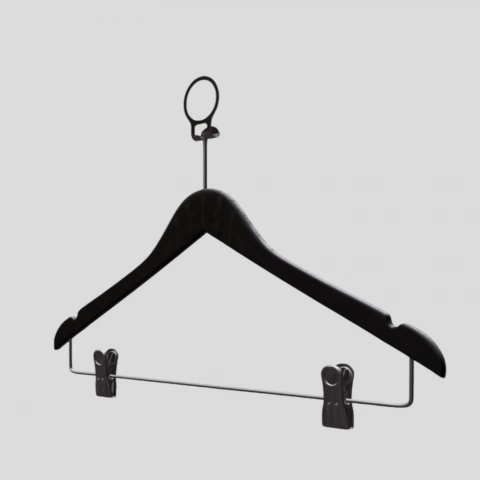 Siyah Ahşap Otel Elbise Pantolon Askısı Mandallı