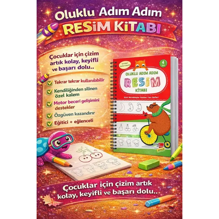 Oluklu Adım Adım Resim Kitabı Sihirli Uçan Mürekkepli Kalem Hediyeli 4-7 Yaş