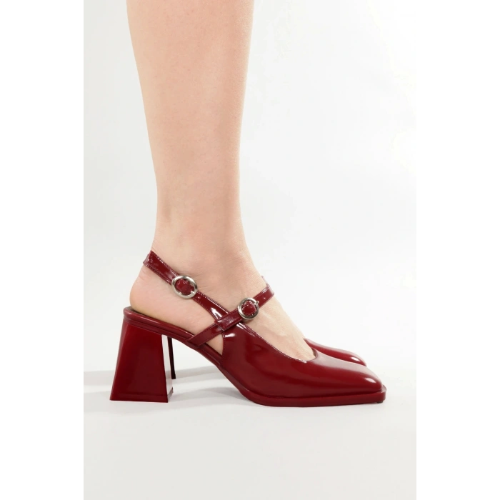 Kadın Bordo Rugan Topuklu Ayakkabı Kare Burun Tokalı TPU Taban KBRDRB101