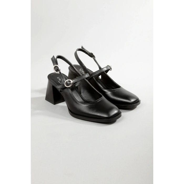 Kadın Siyah Topuklu Ayakkabı Kare Burun Tokalı TPU Taban KSYHCB101