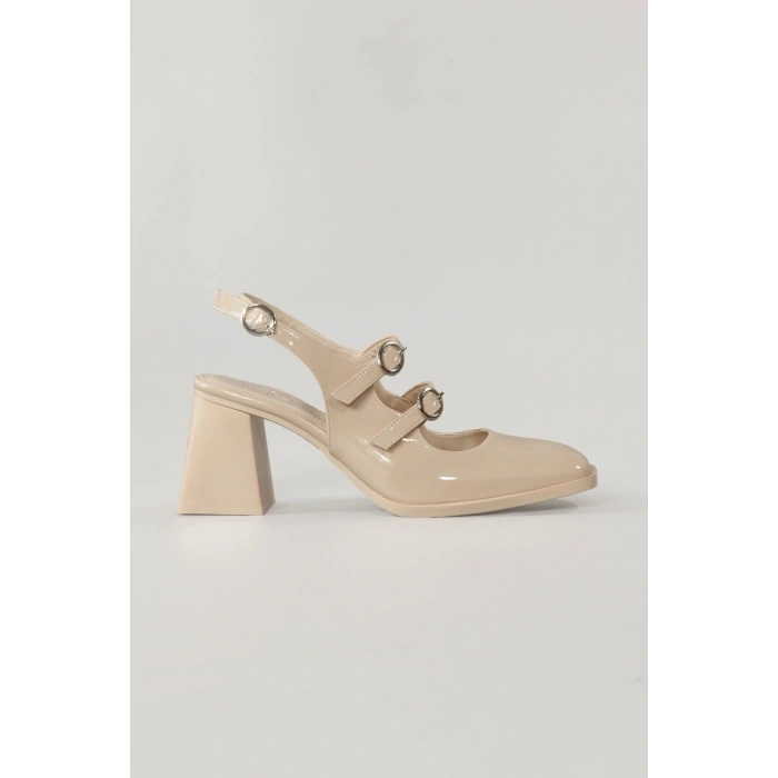 Kadın Bej Rugan Topuklu Ayakkabı Kare Burun TPU Taban KBEJR103