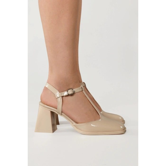 Kadın Bej Rugan Topuklu Ayakkabı Kare Burun TPU Taban KBEJR106