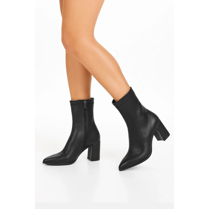 Kadın Bot Siyah Sivri Burun Topuklu Kadın Bot Streç Bilekli