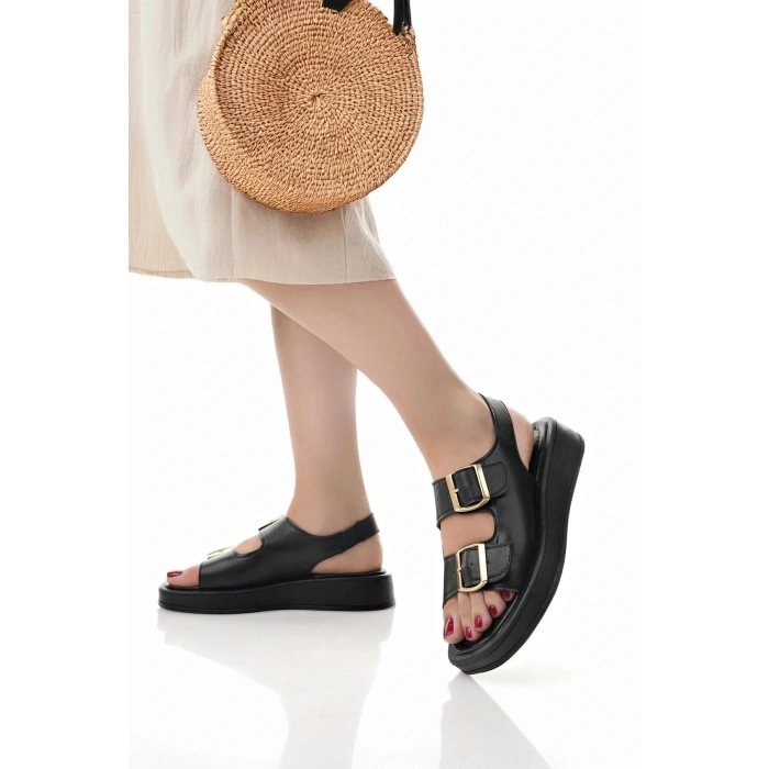 Kadın Siyah Sandalet Çift Tokalı Ortopedik Taban Günlük
