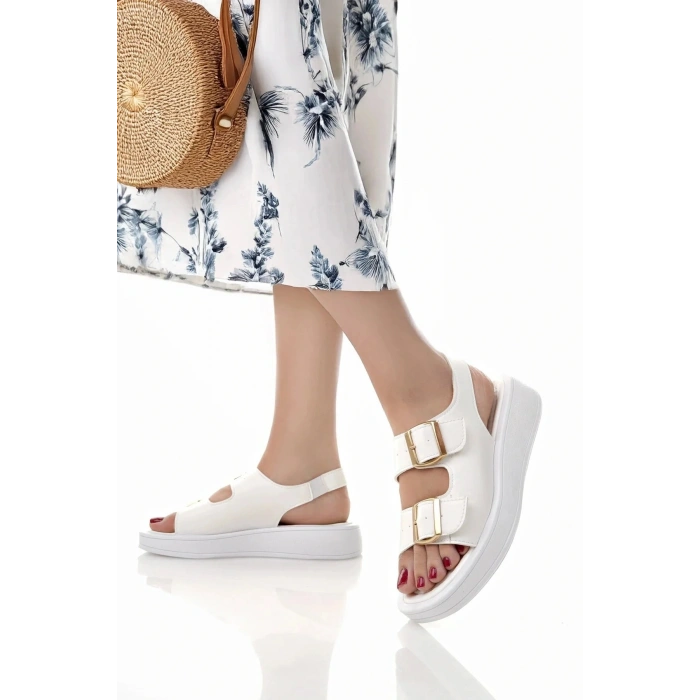 Kadın Beyaz Sandalet Çift Tokalı Ortopedik Taban Günlük