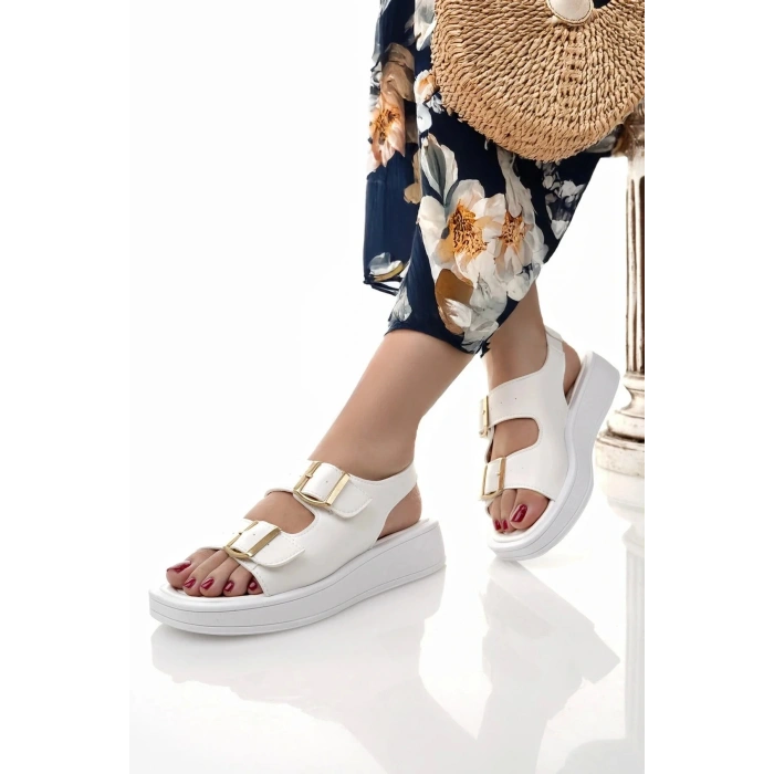 Kadın Beyaz Sandalet Çift Tokalı Ortopedik Taban Günlük