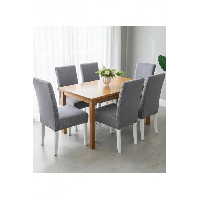 Likralı 6lı Sandalye Kılıfı Pamuklu Pitikare Yıkanabilir Gri