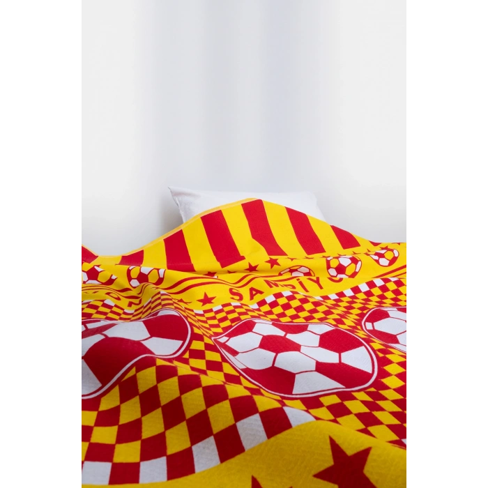 Tek Kişilik Pike Yatak Örtüsü 150x240 cm Taraftar Desen Sarı Kırmızı