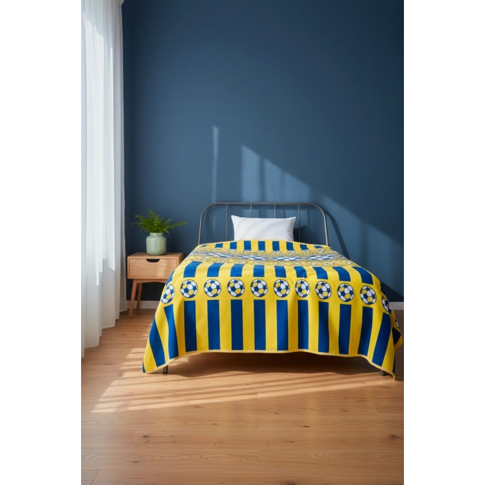 Tek Kişilik Pike Yatak Örtüsü 150x240 cm Taraftar Desen Sarı Lacivert