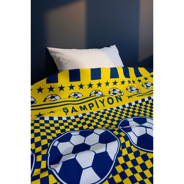 Tek Kişilik Pike Yatak Örtüsü 150x240 cm Taraftar Desen Sarı Lacivert