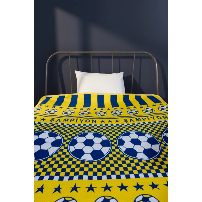 Tek Kişilik Pike Yatak Örtüsü 150x240 cm Taraftar Desen Sarı Lacivert