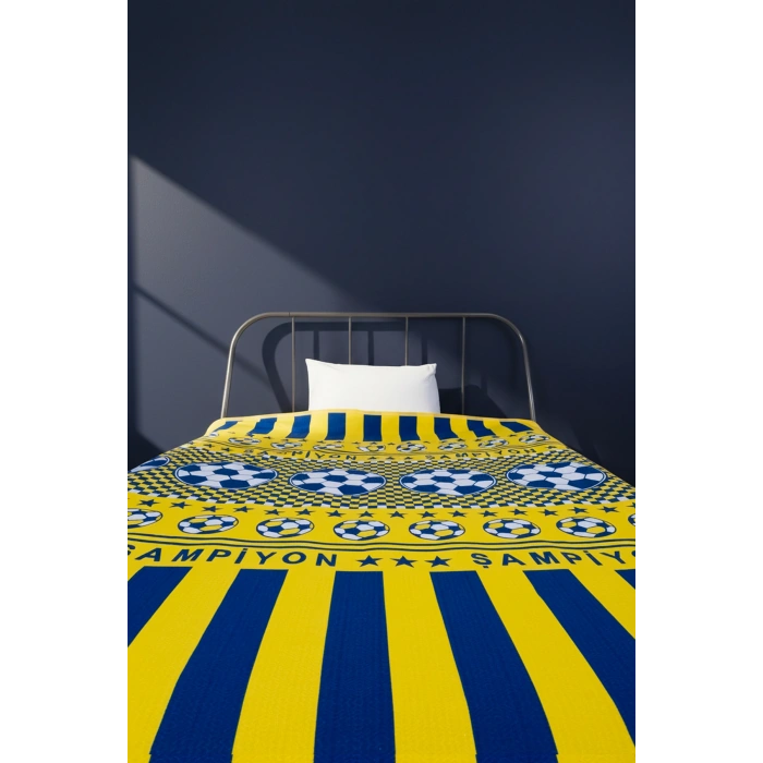 Tek Kişilik Pike Yatak Örtüsü 150x240 cm Taraftar Desen Sarı Lacivert