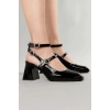 Kadın Siyah Rugan Topuklu Ayakkabı Kare Burun TPU Taban KSYHR102