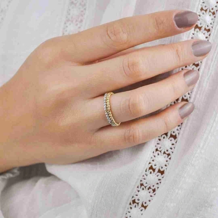 14 Ayar Altın Çift Sıra Renkli Dorika Yüzük