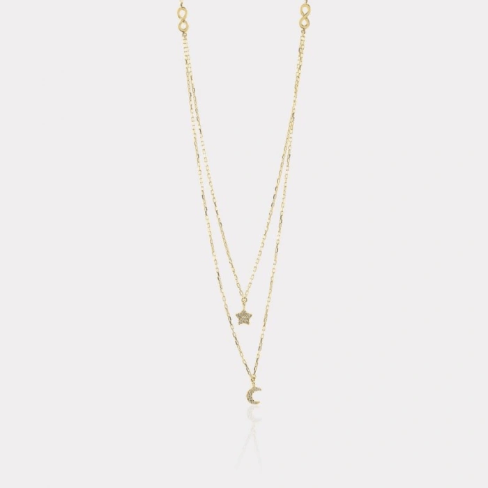 14 Ayar Altın Çiftli Ay Yıldız Kolye