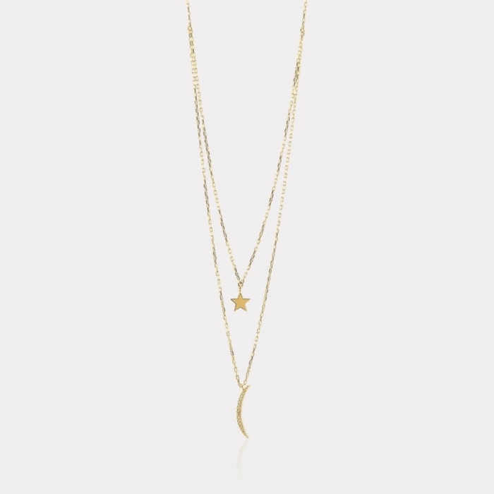 14 Ayar Altın İkili Ay Yıldız Kolye