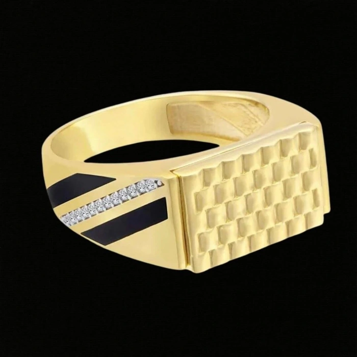 14 Ayar Altın Taşlı Yan Şerit Erkek Yüzüğü