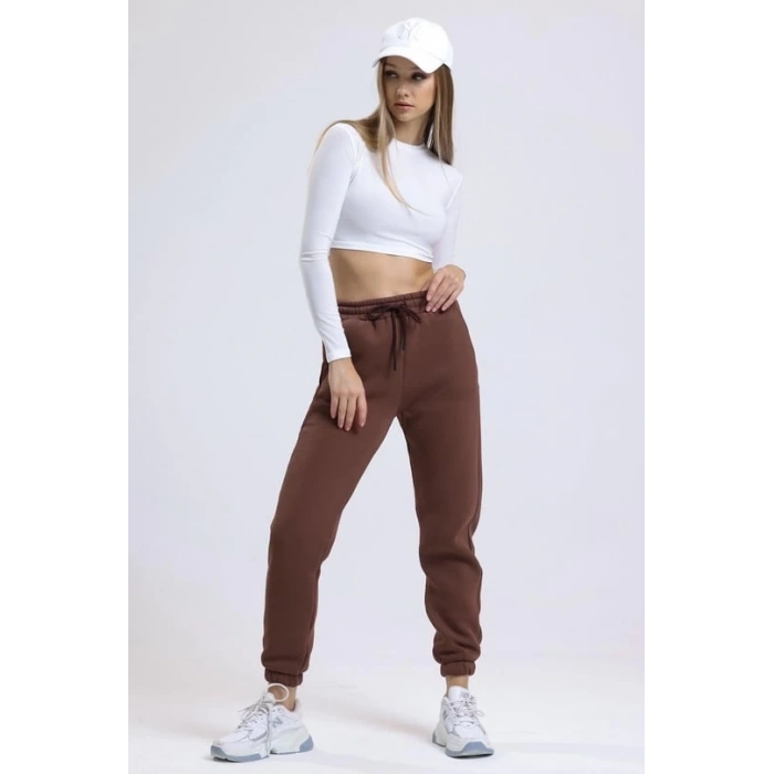 3 iplik şardonlu paça lastikli eşofman kahve is001