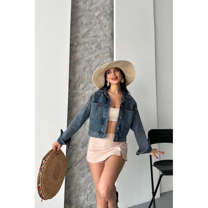 Çift cepli kol katlamalı kar yıkama crop kot ceket kahve tint d2000