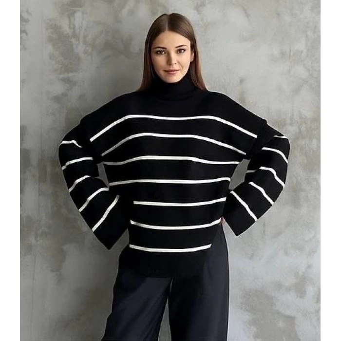Çizgili ispanyol kol triko boğazlı kazak siyah elf