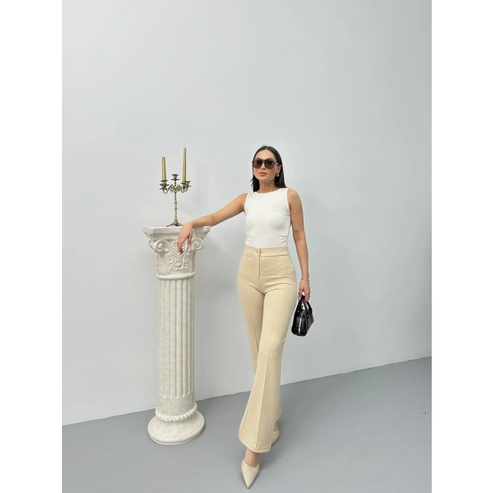 Düğmeli Palazzo pantolon bej p170091