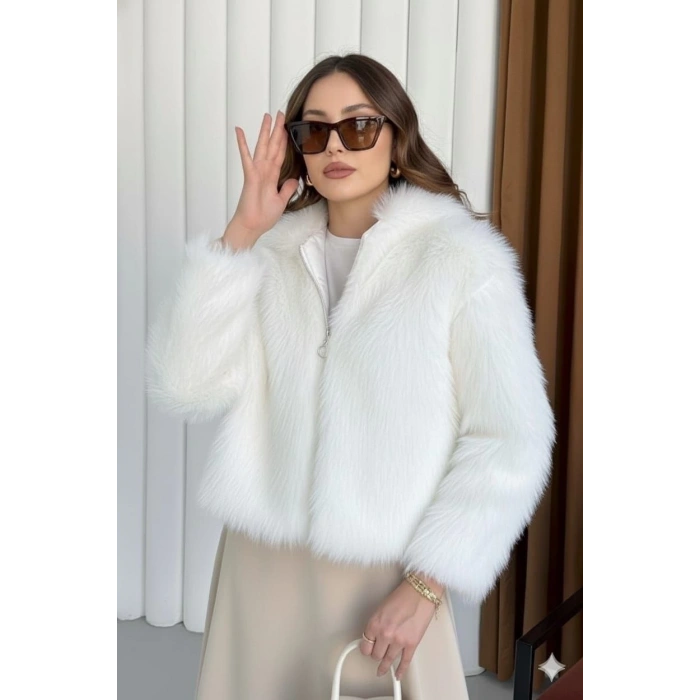Fermuarlı kısa kürk beyaz t7746
