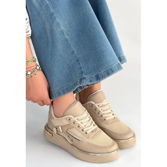 Junda Bej Cilt Bağcıklı Spor Ayakkabı
