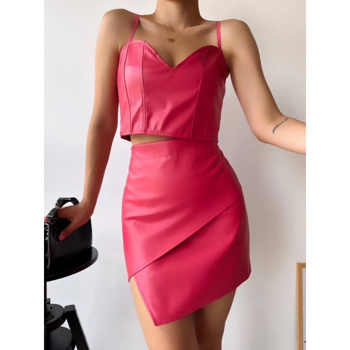 Kapaklı asimetrik model deri etek pembe s240106