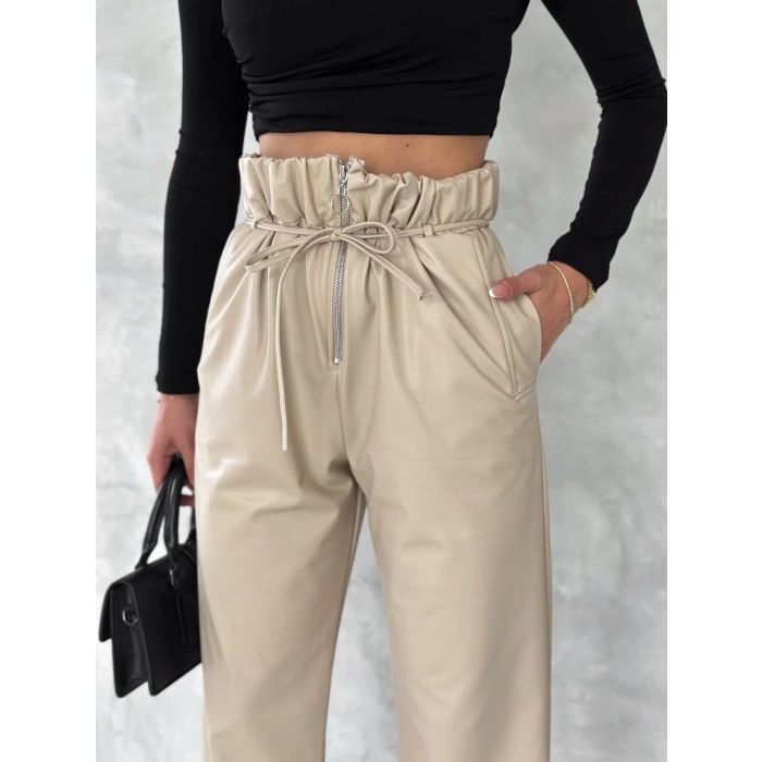 Kendinden ince kemerli deri pantolon bej t1178