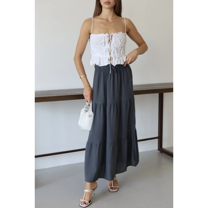 Müslin kumaş keten uzun etek antrasit pt