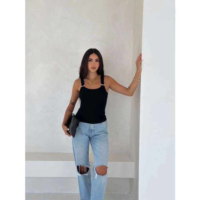 Ottoman toka askılı bluz siyah s4194