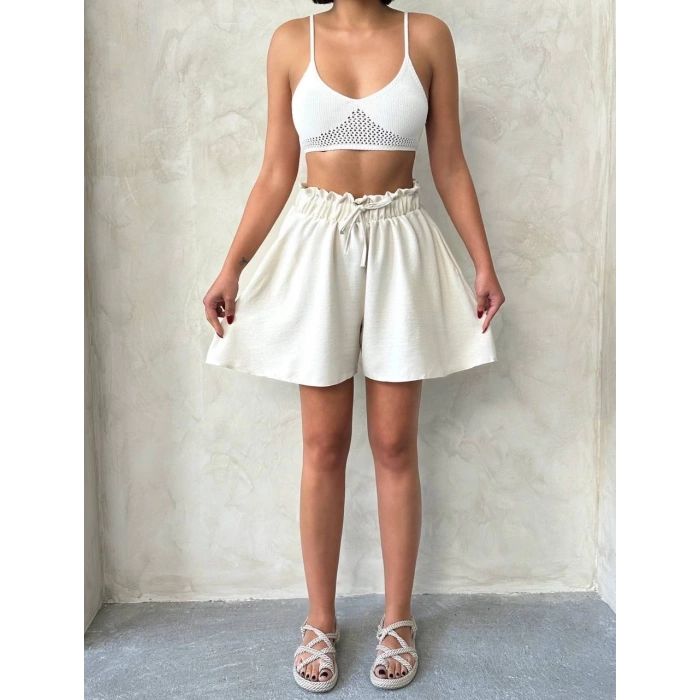 Volanlı keten şort bej s255058