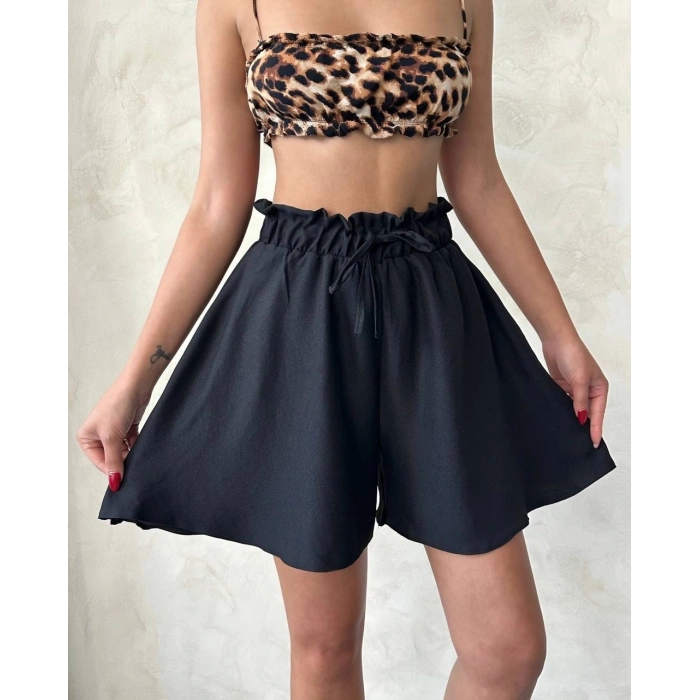 Volanlı keten şort siyah s255058