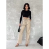 Kendinden ince kemerli deri pantolon bej t1178