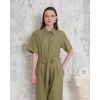 Kuşaklı gömlek yaka salaş tulum haki s255822