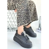 Leope Siyah Cilt Bağcıklı Spor Ayakkabı