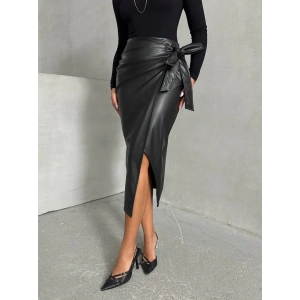 Kuşaklı uzun deri etek siyah h26414