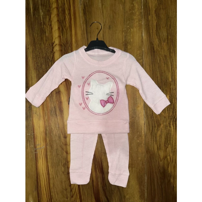 3-12 aylık kedi desen işlemeli takım pembe