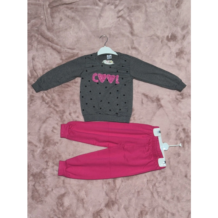 3-7 yaş pontiyeli ikili alt üst takım gri fuşya kız çocuk