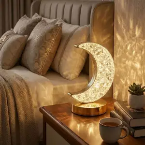 Gece Lambası Hilal AY Formlu Kristal LED Masa Lambası Dokunmatik 3 Renk Işık Modlu Şarj Edilebilir Küçük Boy Dekor Amaçlı