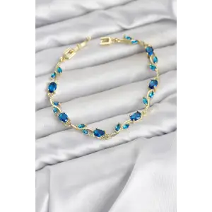 Pirinç Gold Renk Mavi Zirkon Taşlı Çiçek Model Kadın Bileklik TJ-BB8575