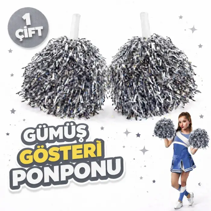 Kullanıma Uygun 1 Çift Gümüş Renk Okul Gösteri Ponponları Ekstra Dolgun