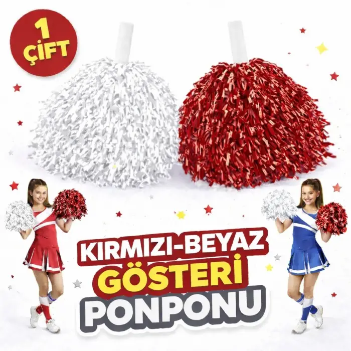 Kullanıma Uygun 1 Çift Kırmızı Beyaz Okul Gösteri Ponponları Ekstra Dolgun