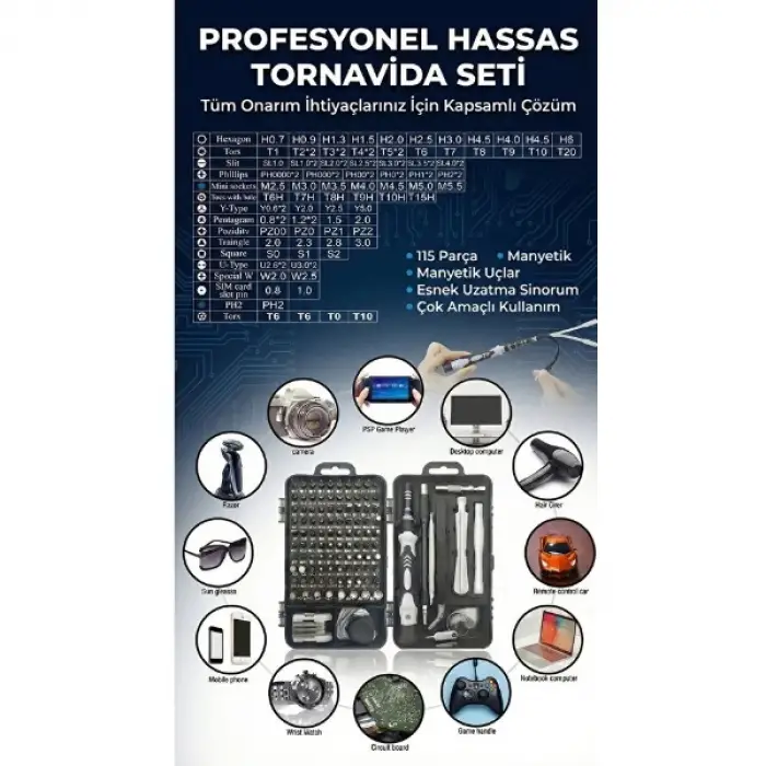 Kullanıma Uygun 115 Parça Manyetik Uçlu Hassas Tornavida Seti