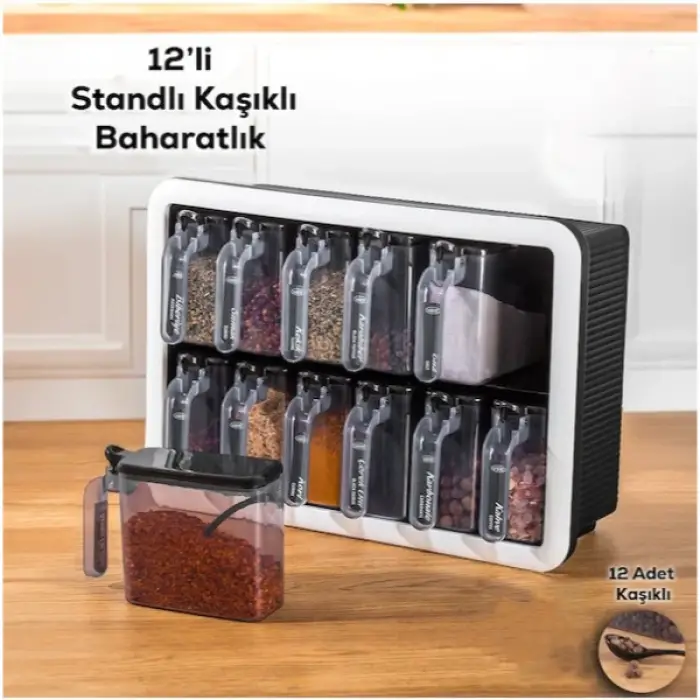 12 adet Plastik 12li Standlı Kaşıklı Baharatlık Seti