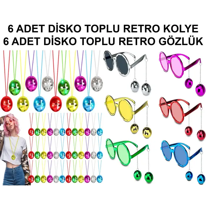 Kolye 12 Parça Renkli Disko Toplu Retro Parti Seti 6 + 6 Gözlük