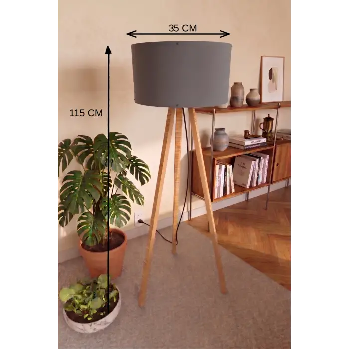 115 cm 3 Ayaklı Tripod Lambader Antrasit Gri Kumaş Başlık