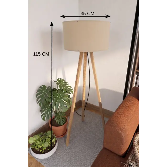 115 cm 3 Ayaklı Tripod Lambader Bej Kumaş Başlık