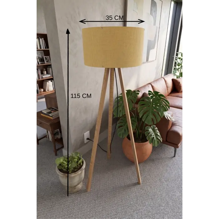 115 cm 3 Ayaklı Tripod Lambader Hardal Kumaş Başlık