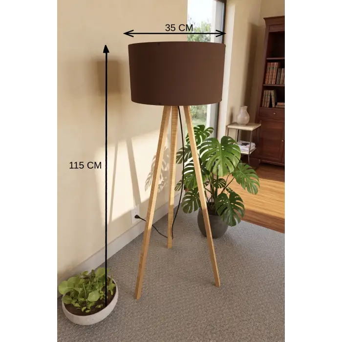 115 cm 3 Ayaklı Tripod Lambader Kahverengi Kumaş Başlık